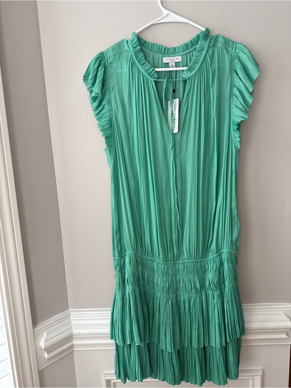 Anthropologie Current Air Lula Balou Fern Green Pleated Tie-Neck Dress Size L